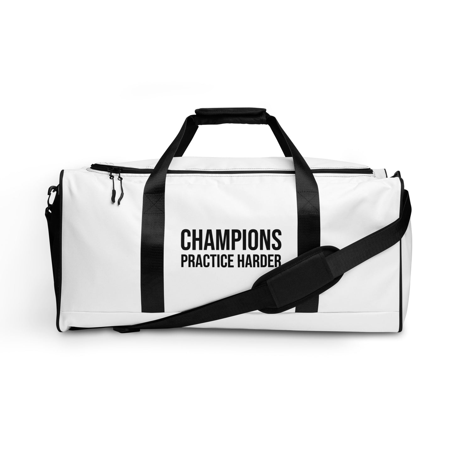 Champions practice harder athlete sports duffle bag for players, teams, and coaches.