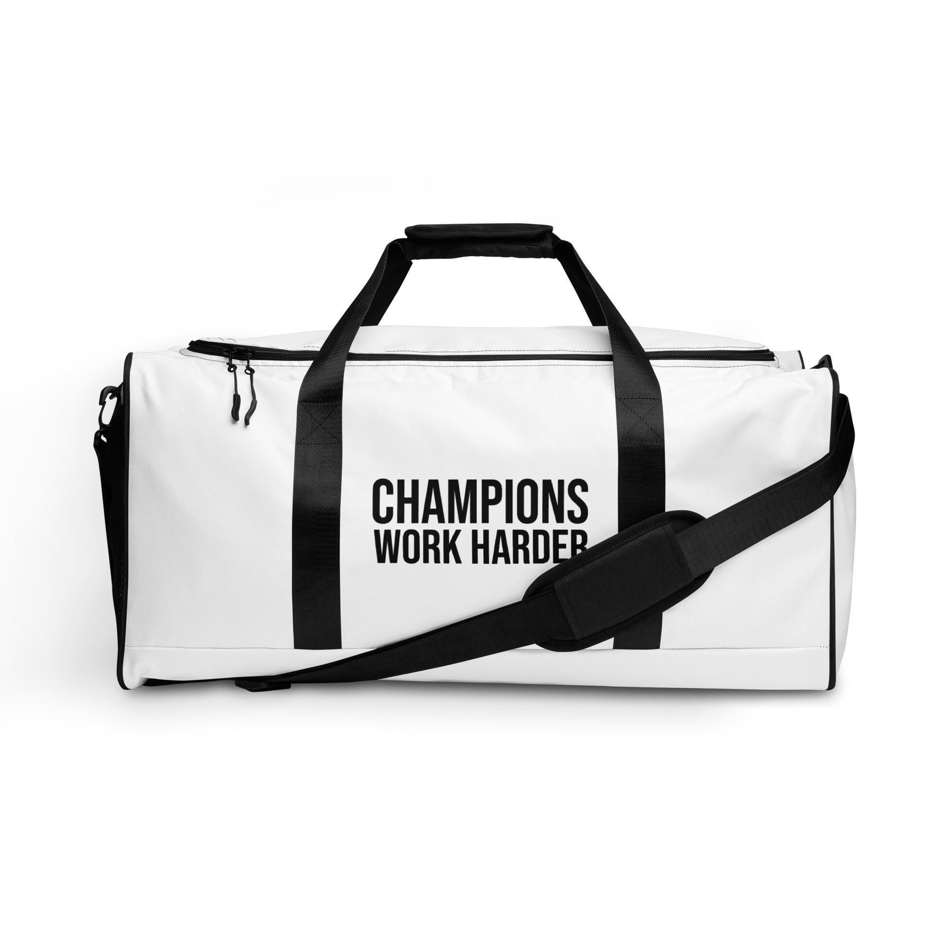 Champions Work Harder brand duffle bag for employees and athletes to inspire better performances.