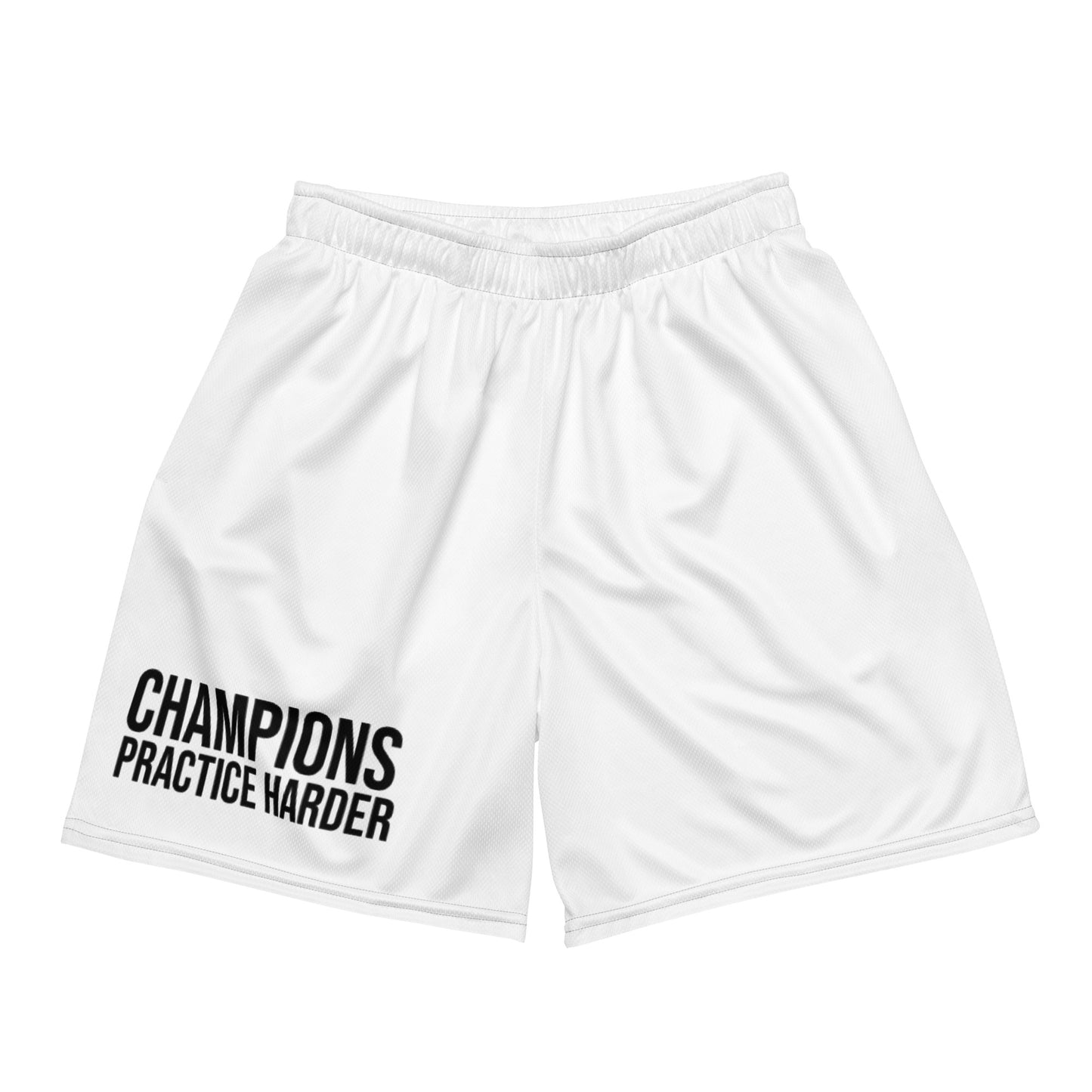 Champions practice harder sports mesh athletic shorts for players, teams, and coaches.