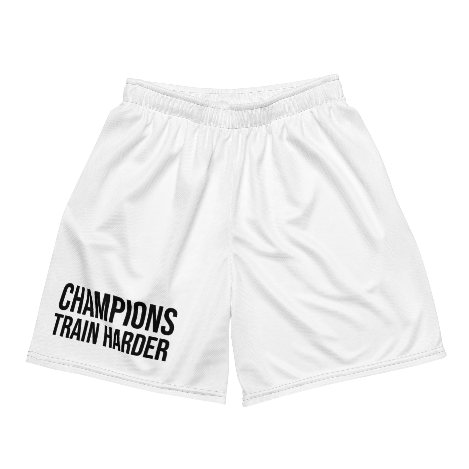 Champions Train Harder brand athletic mesh sports and workout shorts for athletes, players, and coaches.