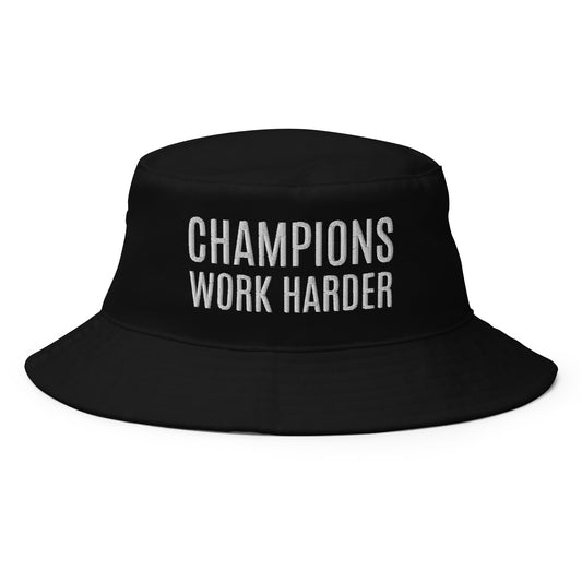 Champions Work Harder brand bucket hat for coaches, players, and employees to inspire them to do their best.