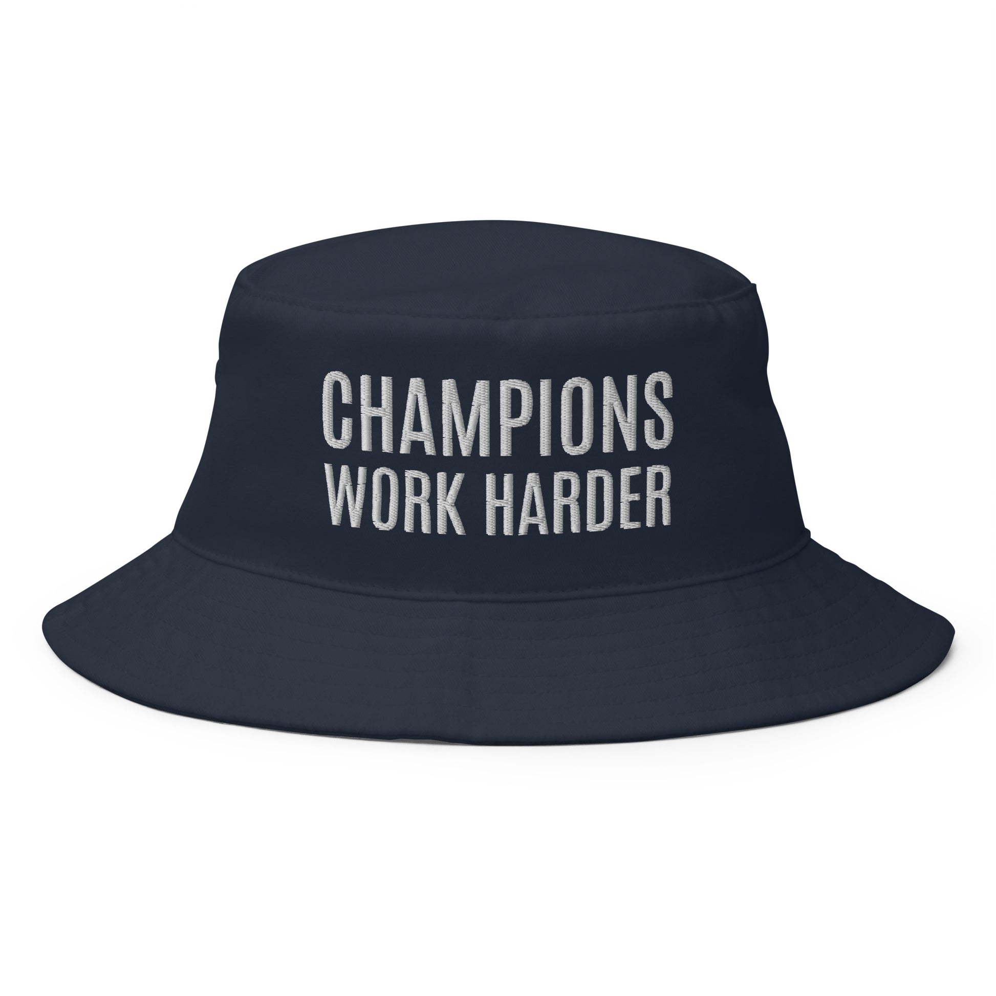 Champions Work Harder brand bucket hat for coaches, players, and employees to inspire them to do their best.