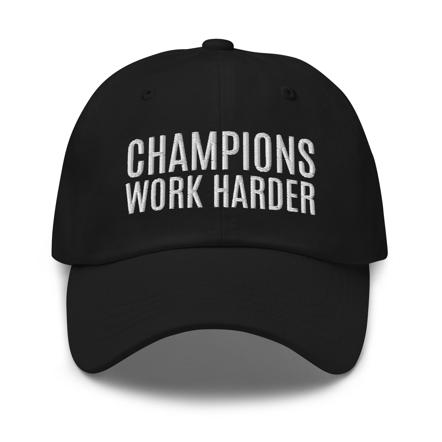 Champions Work Harder brand ball cap for players, coaches, athletes, and employees to motivate a better performance and work ethic.