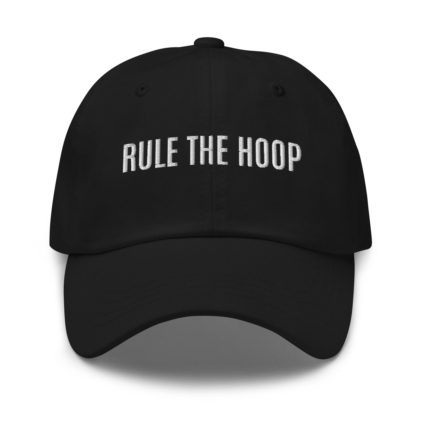 Rule The Hoop brand sports ball cap for basketball players, teams, coaches, and fans.