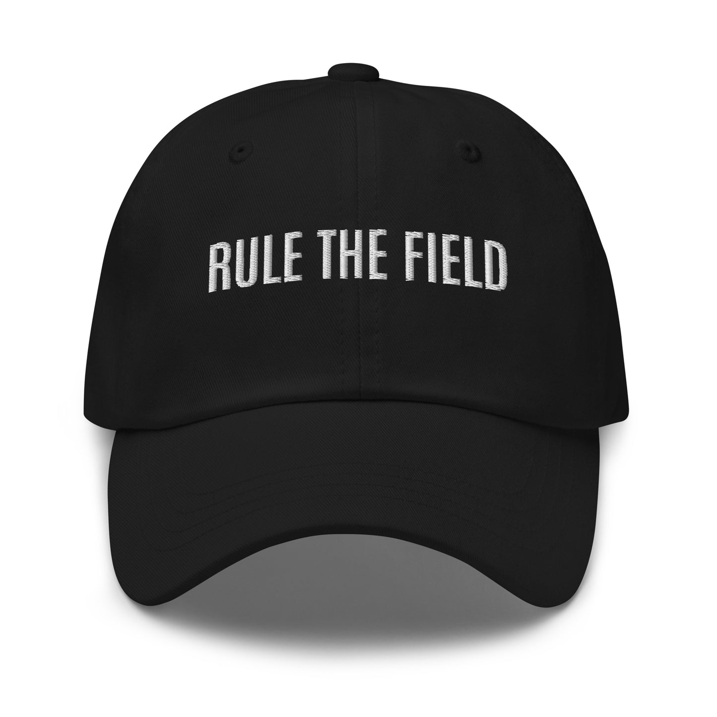 Rule The Field brand sports ball cap for players, coaches, and fans of baseball, softball, football, and soccer.