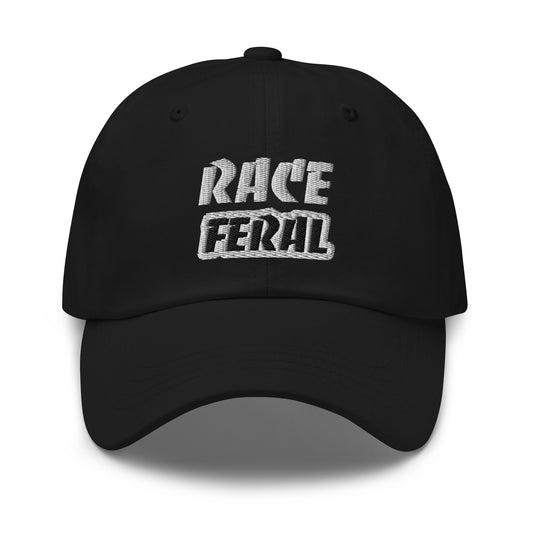 Race Feral embroidered racing sports ball caps are for people who go wild for auto, BMX, horse, and running races. 