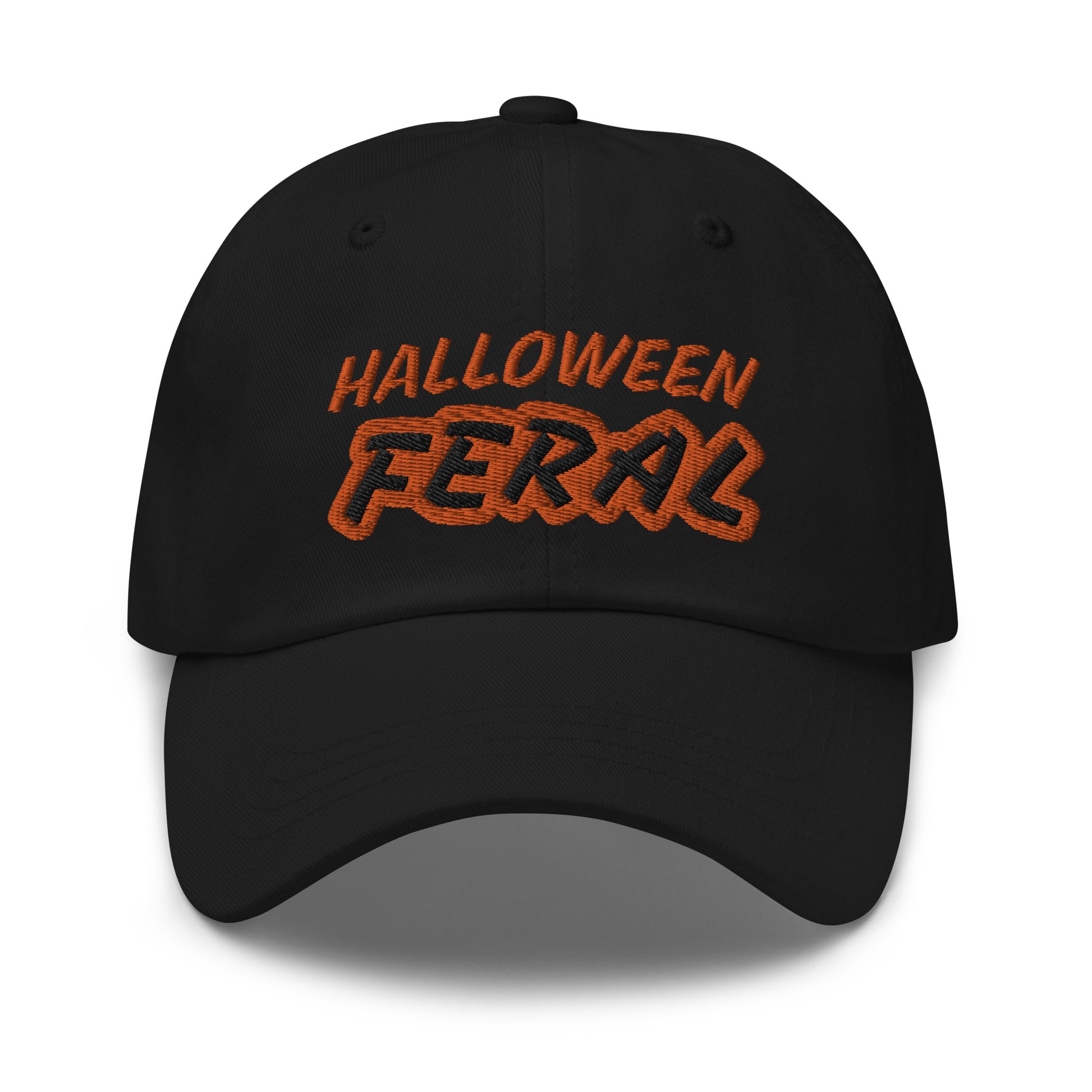 Halloween Feral black or white and orange ball caps are for anyone who goes wild for All Hallows Eve, trick or treating, witches, and ghosts