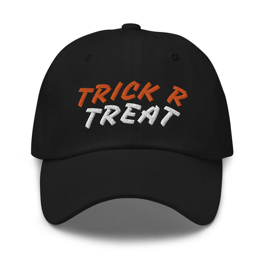 Trick R Treat black, orange, and white ball caps are the perfect attire to wear to an All Hallows Eve party or when going trick or treating.