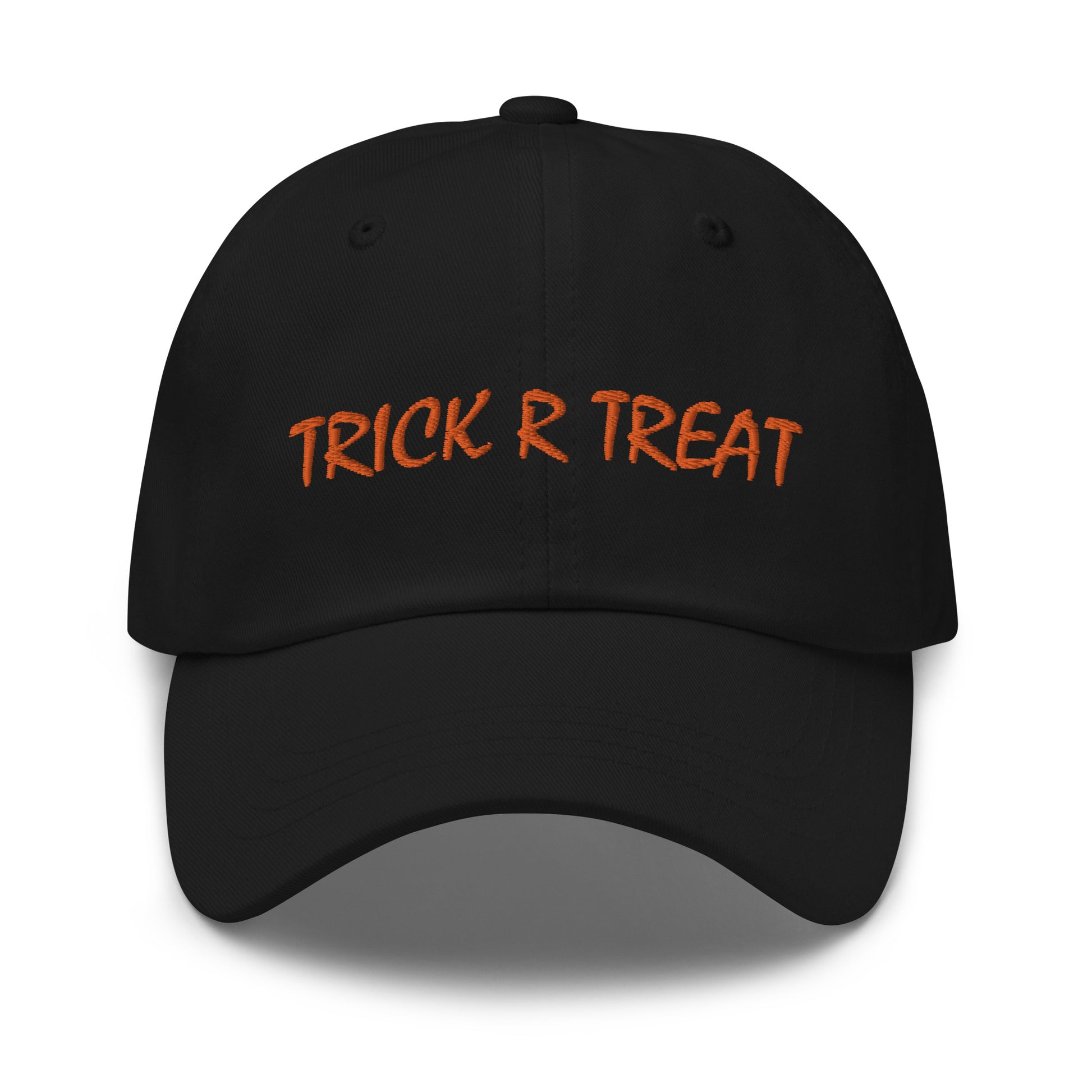 Trick R Treat black and orange ball caps are the perfect attire to wear to an All Hallows Eve party or when taking kids trick or treating.