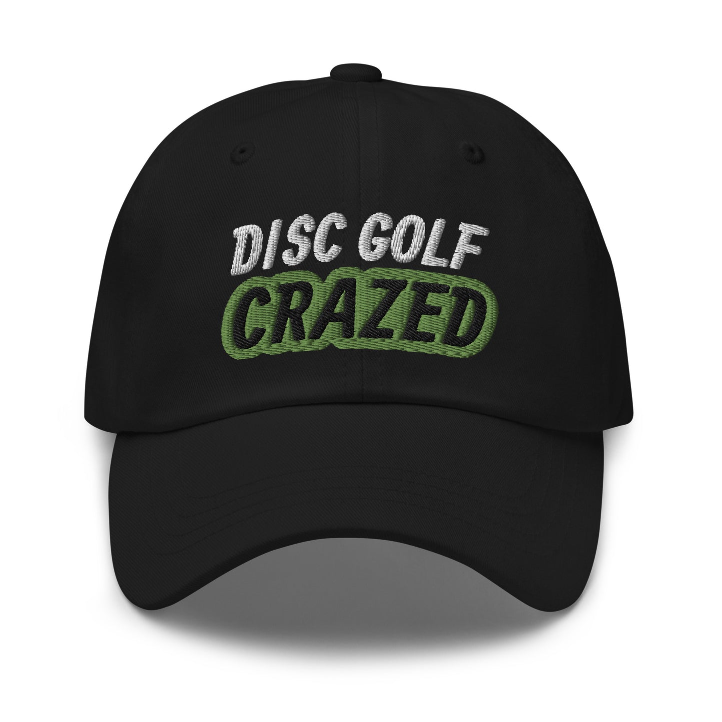 Disc Golf Crazed embroidered ball caps are for players who go crazy for the game and love hitting aces in the basket.