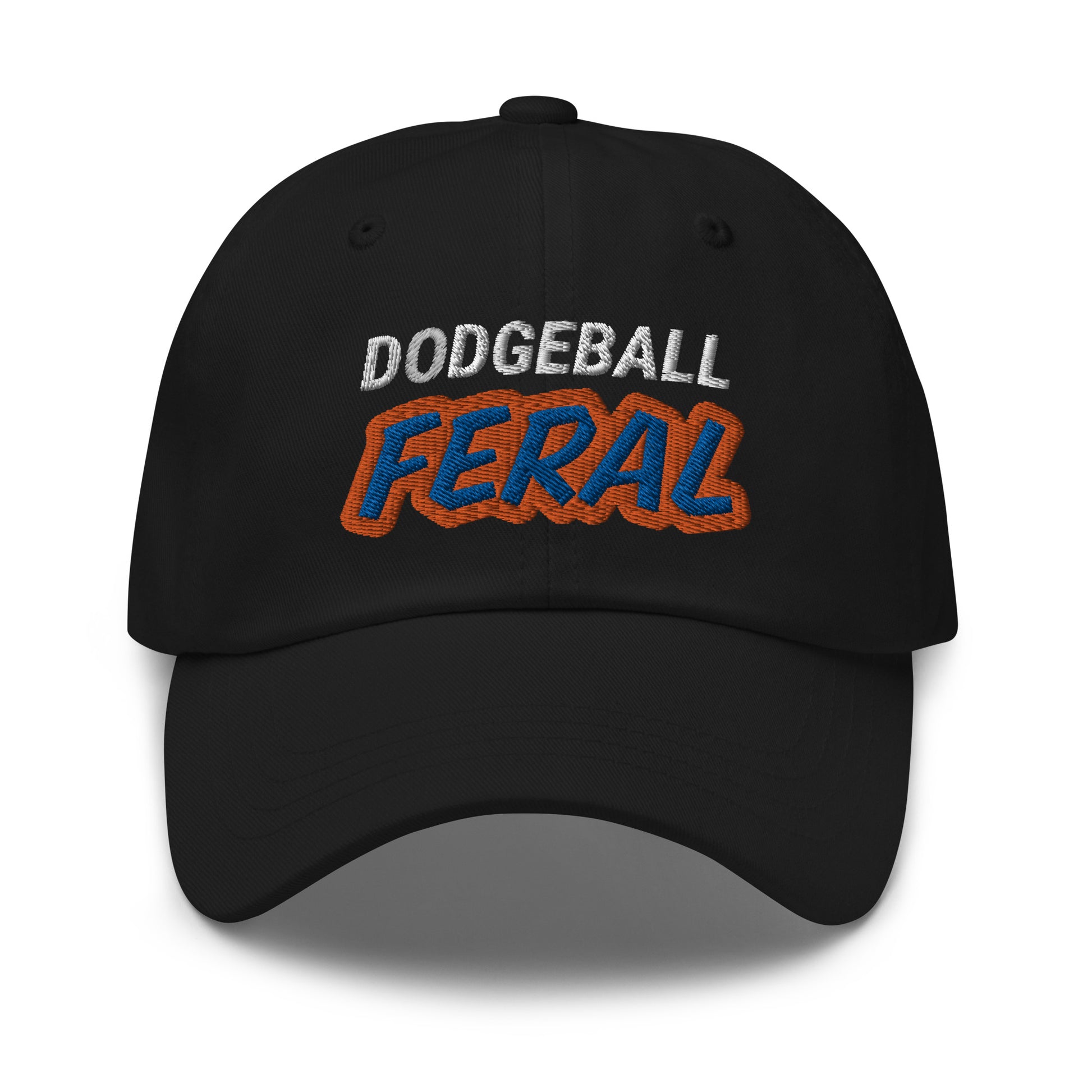 Dodgeball Feral embroidered sports ball caps are for players, coaches, and fans who go wild for the game and love the action.