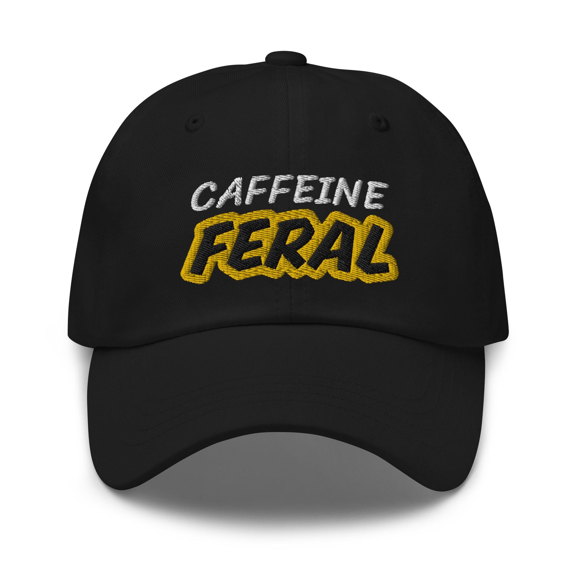 Caffeine Feral unisex embroidered ball cap is for the fan who loves and goes wild and crazy for drinking or eating anything with caffeine.