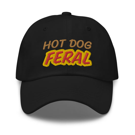 Hot Dog Feral unisex cool embroidered ball cap is for people who love and go wild and crazy for eating franks, sausages, and red hots.