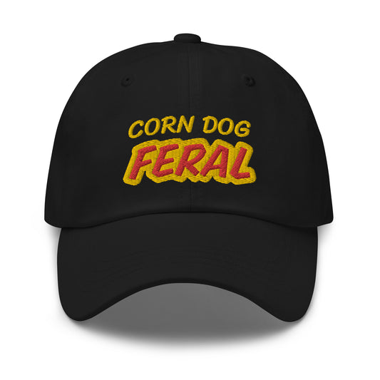 Corn Dog Feral unisex (for men and women) cool embroidered hat is for people who love and go wild and crazy for eating corndogs.