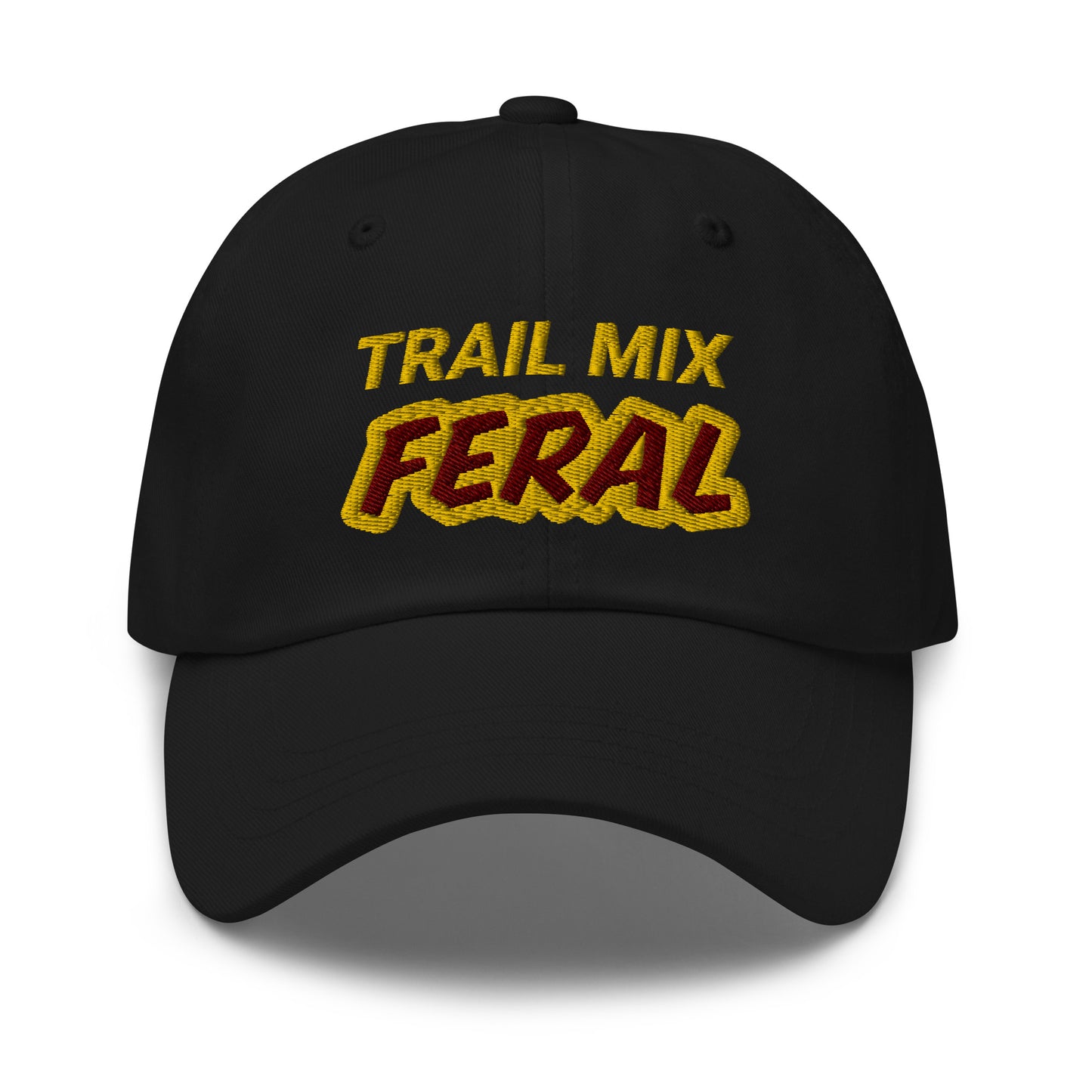 Trail Mix Feral cool embroidered hat is for people who love and go wild and crazy for eating it anytime as a snack at home, camping, or hiking.