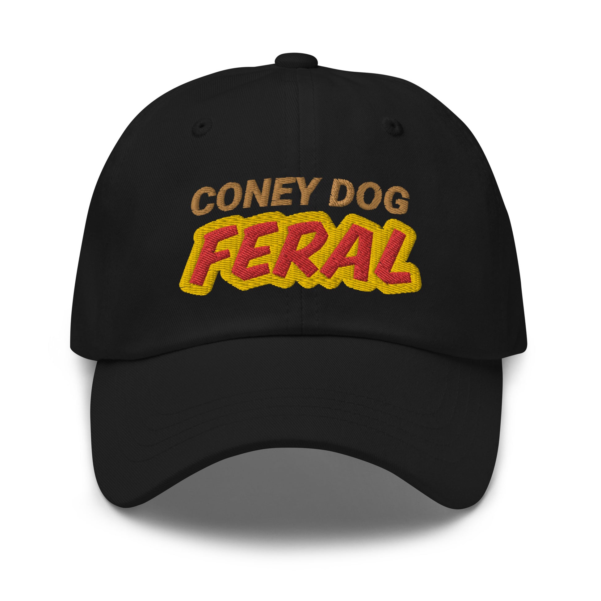 Coney Dog Feral unisex embroidered hat is for people who love and go wild and crazy for eating one of the dogs in a bun covered in chili.