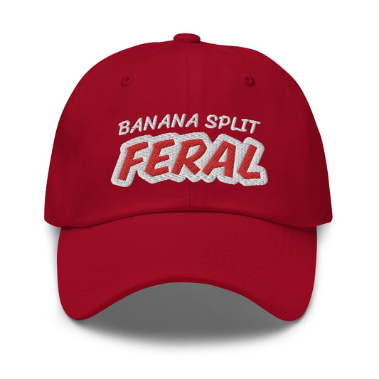 Banana Split Feral unisex cool embroidered hat is for people who love and go wild and crazy for eating the sweet treat.