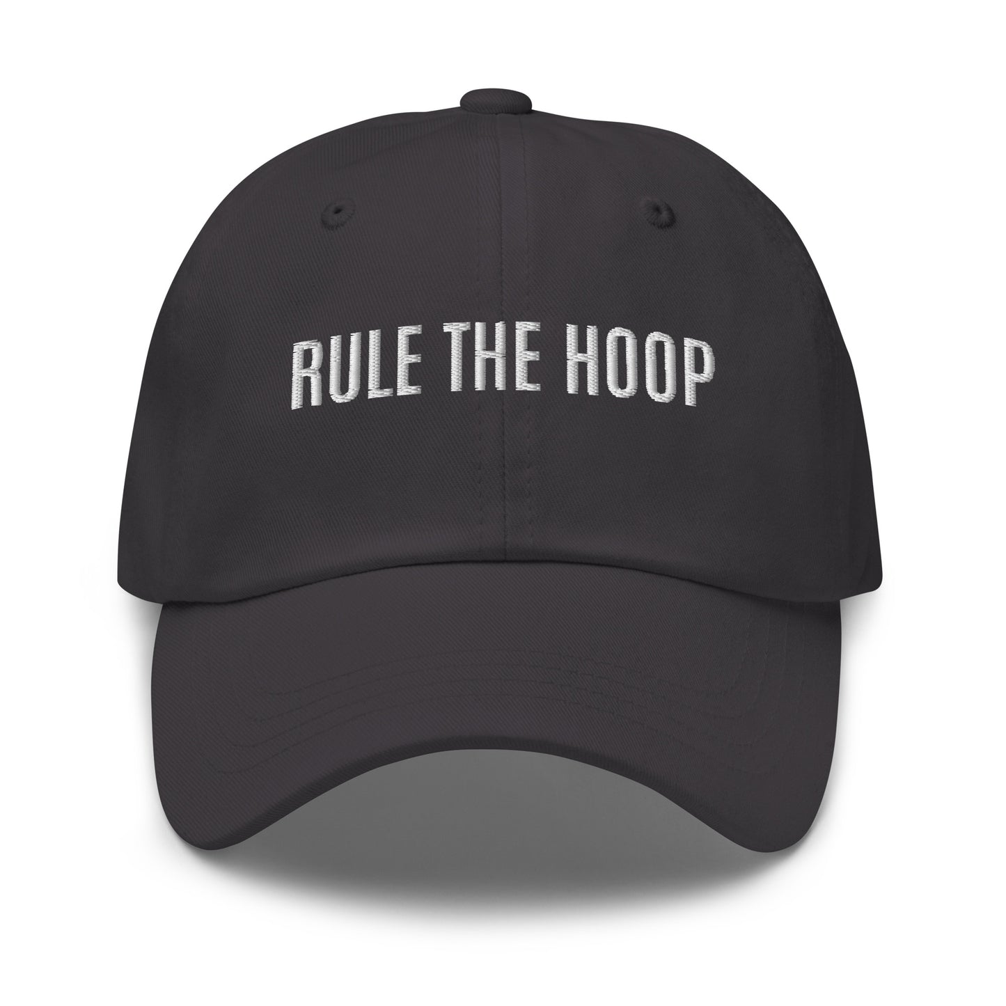 Rule The Hoop brand sports ball cap for basketball players, teams, coaches, and fans.