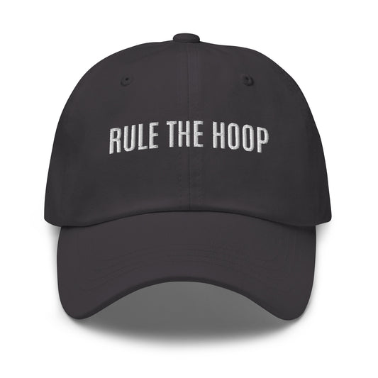 Rule The Hoop brand sports ball cap for basketball players, teams, coaches, and fans.