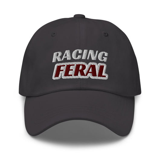 Racing Feral embroidered sports ball caps are for people who go wild for auto, BMX, horse, and running races.