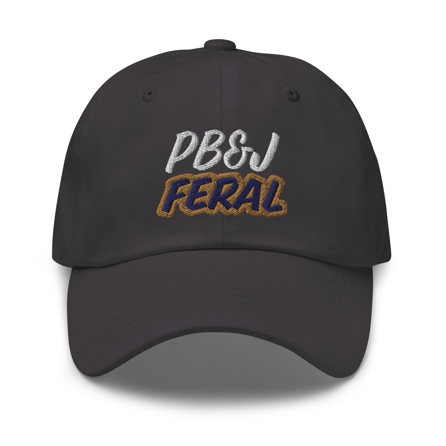 PB&J Feral unisex embroidered peanut butter and jelly fan ball cap is for anyone who goes wild for the sandwich and loves eating it.