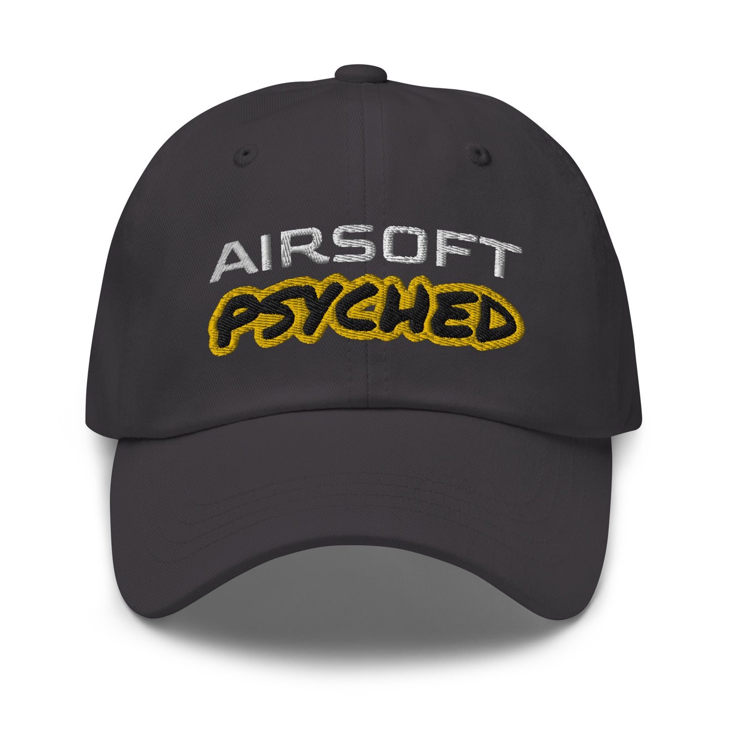 Airsoft Psyched unisex embroidered sports ball caps are for players and fans who love the action and are crazy about the fun sport.