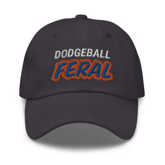 Dodgeball Feral embroidered sports ball caps are for players, coaches, and fans who go wild for the game and love the action.