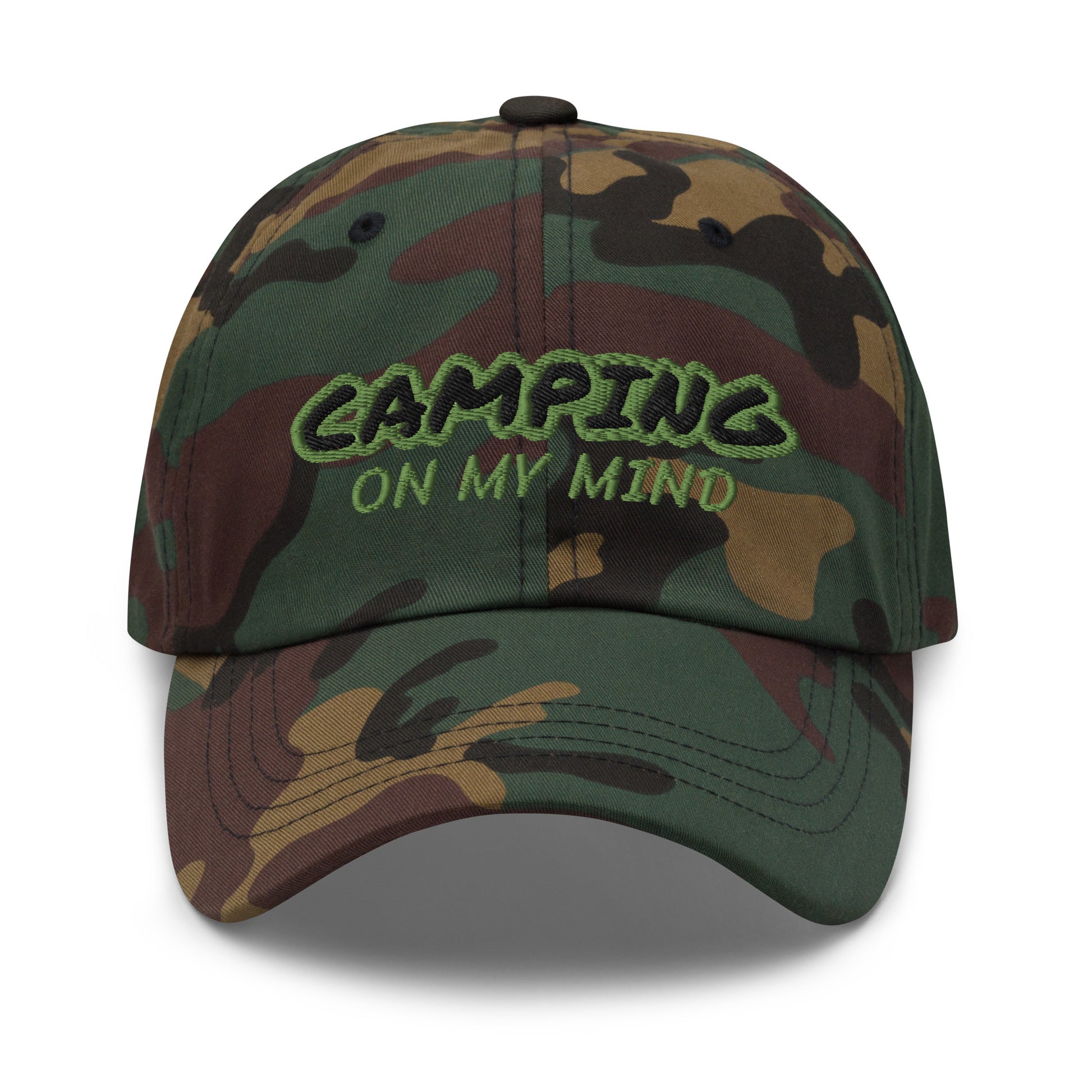 Camping On My Mind embroidered ball caps are for campers who love staying outdoors in the woods for the relaxation it brings them.