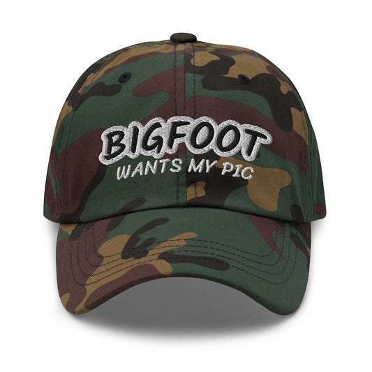 Bigfoot Wants My Pic unisex (for men and women) cool embroidered Sasquatch ball cap is for people who love the outdoors and camping.