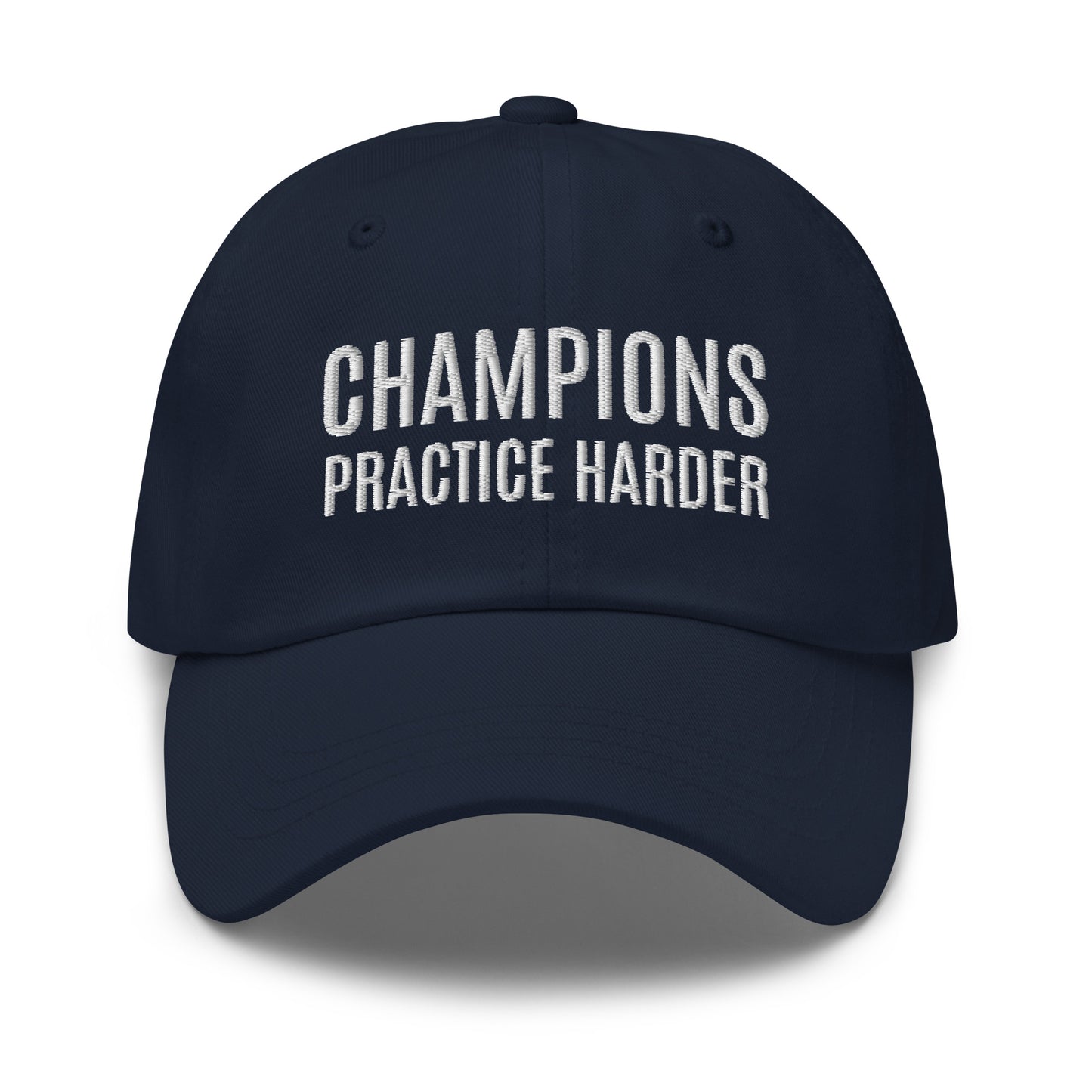 Champions practice harder athletic sports ball cap for players, teams, and coaches.