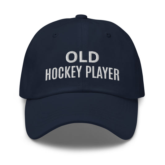 Old Hockey Player brand sports ball cap for veteran and former hockey players to share they played on the ice.