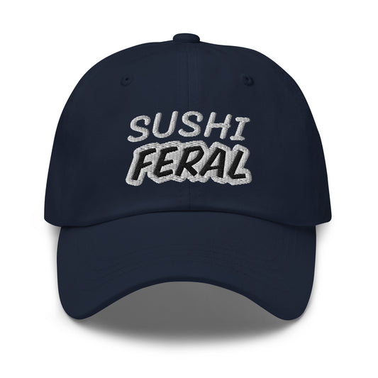 Sushi Feral unisex embroidered ball cap is for anyone who goes wild for Japanese seafood, veggie, and rice cuisine and enjoys eating it.