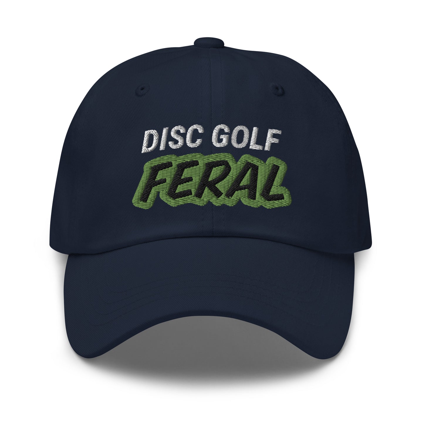 Disc Golf Feral embroidered hats are for players who love and go wild for the game and enjoy hitting aces in the basket.