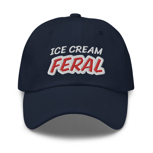 Ice Cream Feral cool embroidered hat is for people who love and go wild for eating the frozen treat dessert in scoops or in a milkshake.