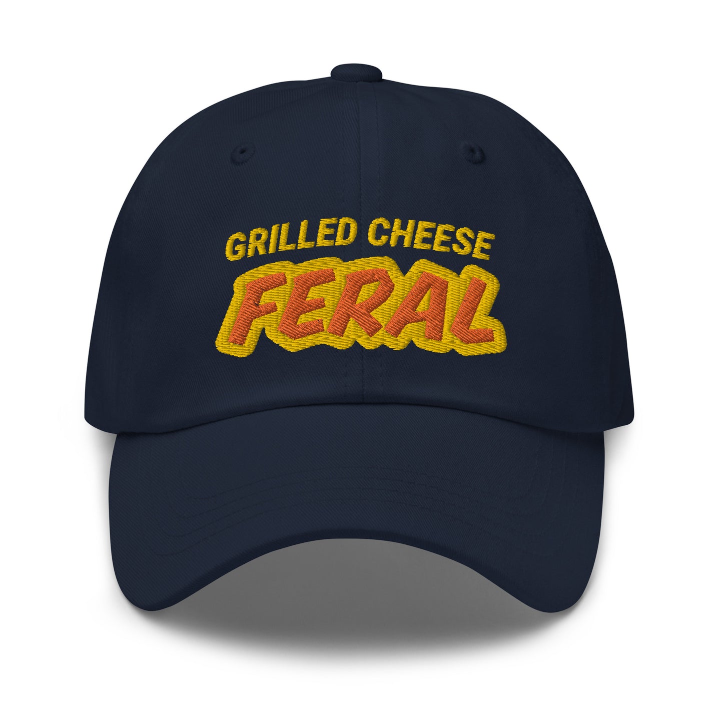 Grilled Cheese Feral cool embroidered hat is for people who love and go wild and crazy for eating the cooked cheesy sandwich.