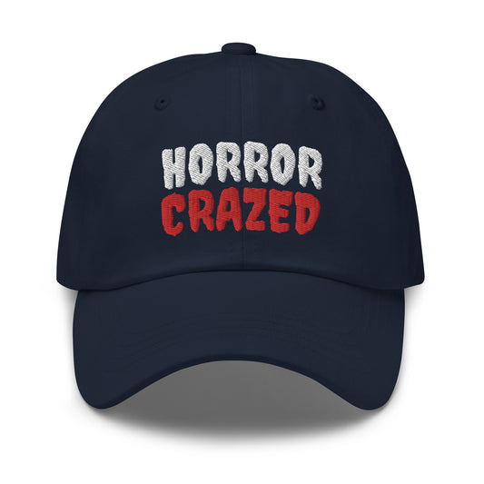 Horror Crazed unisex embroidered hats are for anyone who loves and goes crazy and wild for scary movies or anything that terrifies them.