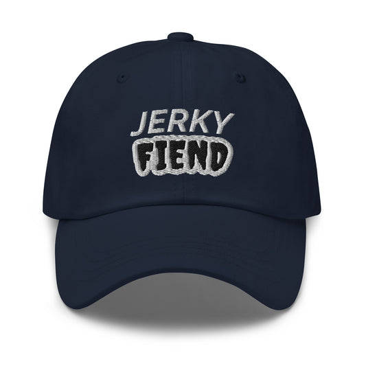 Jerky Fiend unisex cool embroidered ball cap is for people who love and go wild and crazy for eating dried salted meat sticks or shreds.