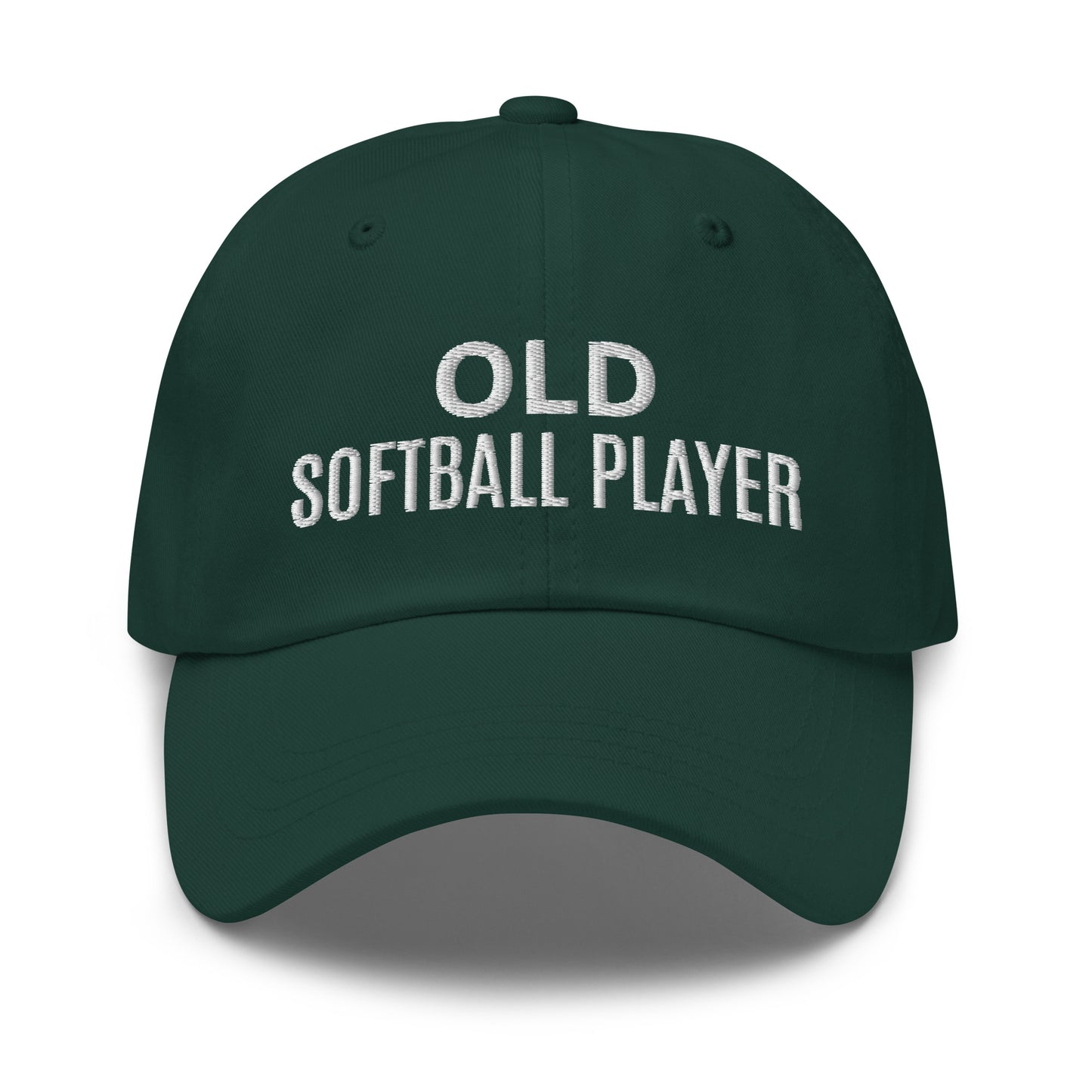 Old Softball Player brand sports ball cap for veteran and former softball players to share they played on the diamond.