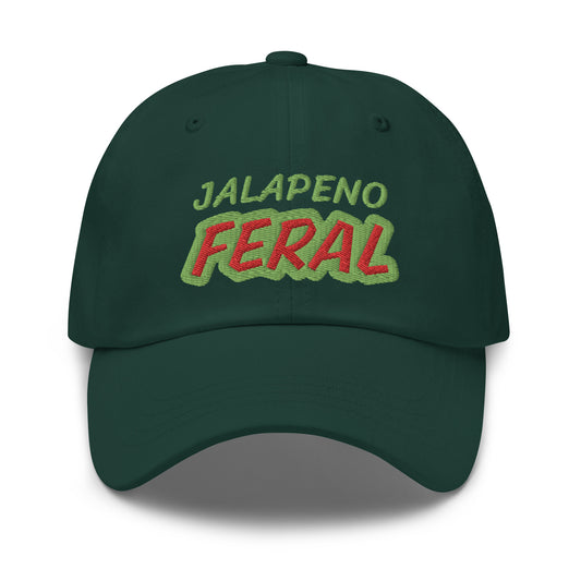 Jalapeno Feral cool embroidered ball cap is for anyone who goes wild for "hotter the better" food covered with jalapenos.