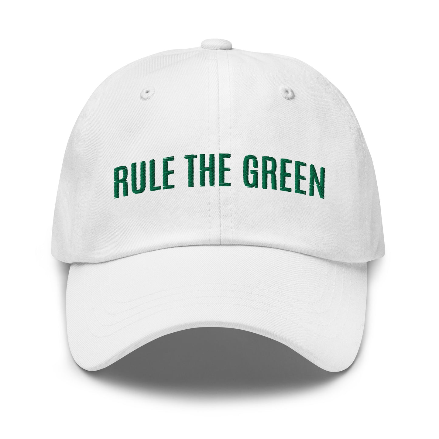 Rule The Green brand embroidered golf white sports ball cap for golfers and fans of golfing.