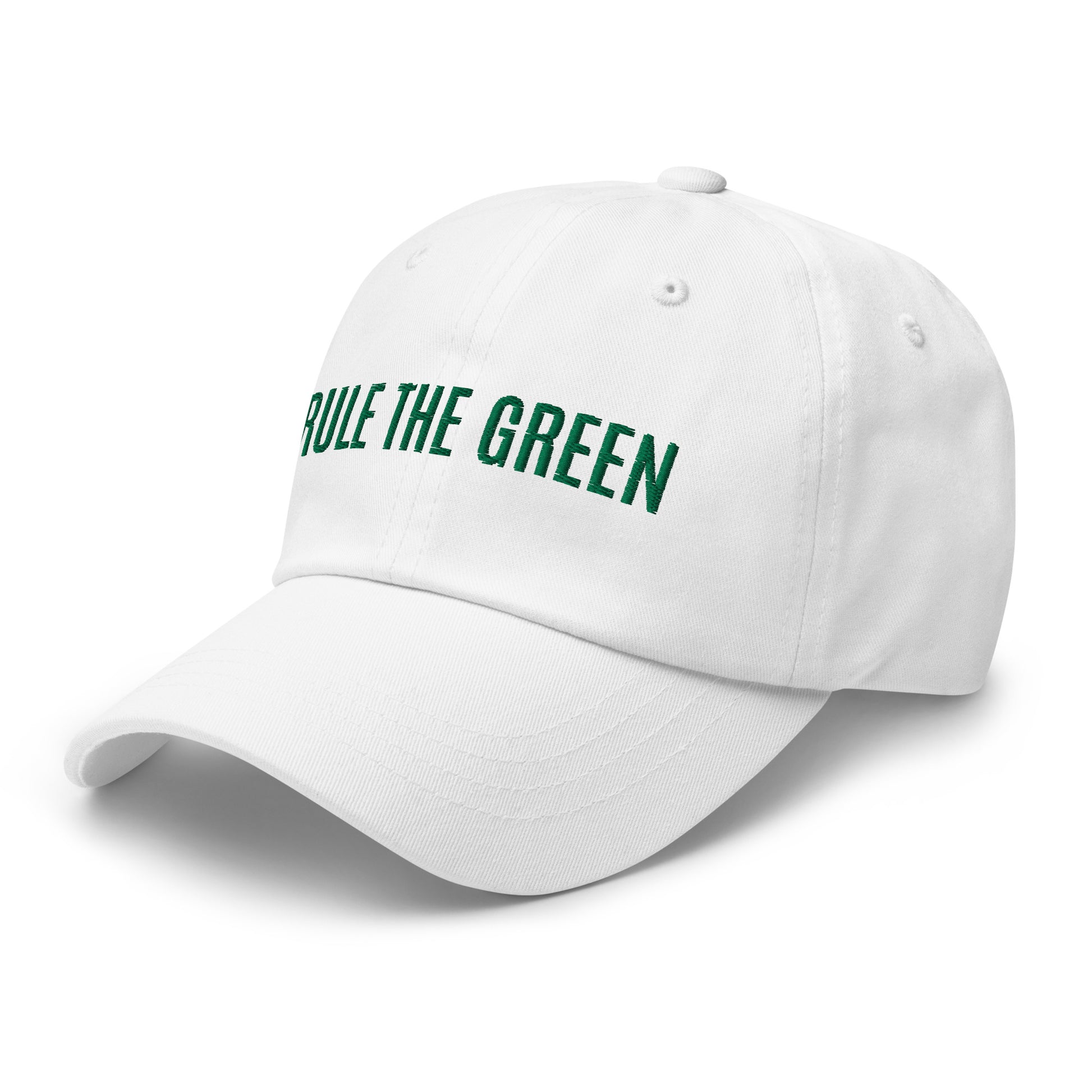 Rule The Green brand embroidered golf white sports ball cap for golfers and fans of golfing.