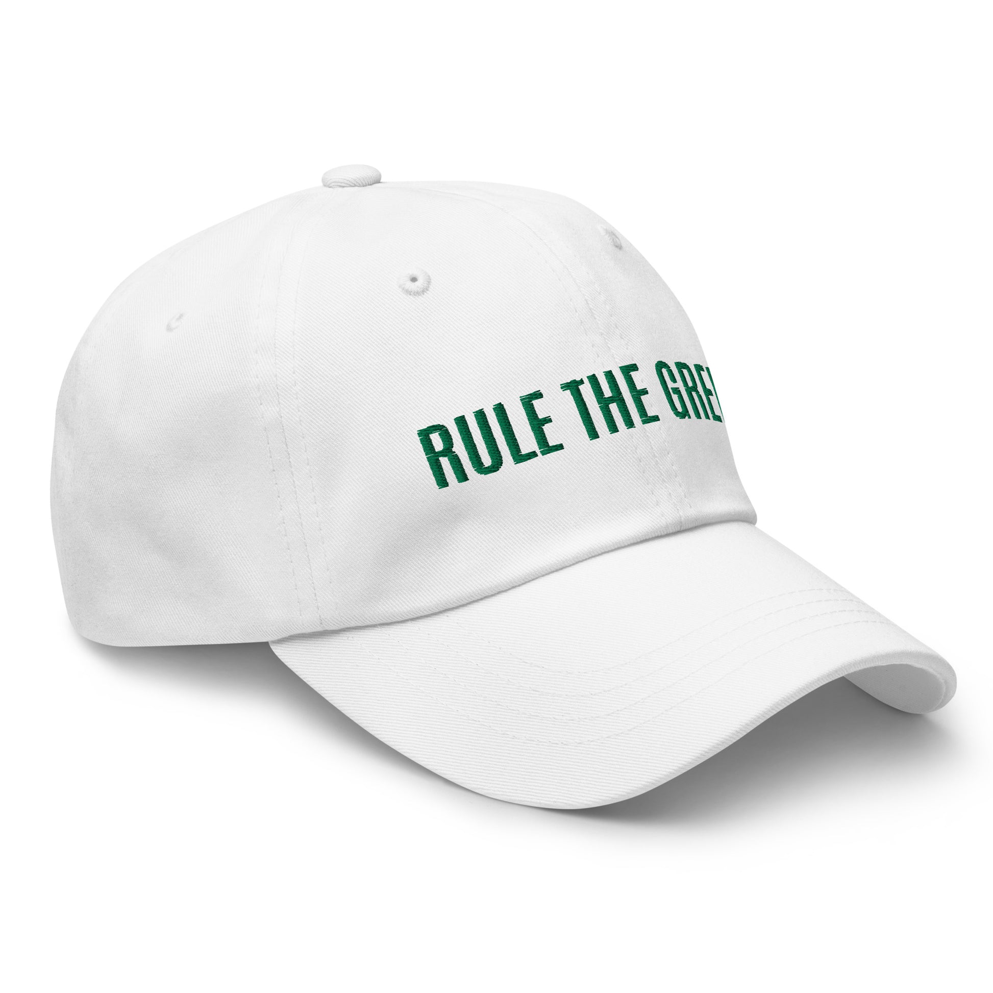 Rule The Green brand embroidered golf white sports ball cap for golfers and fans of golfing.