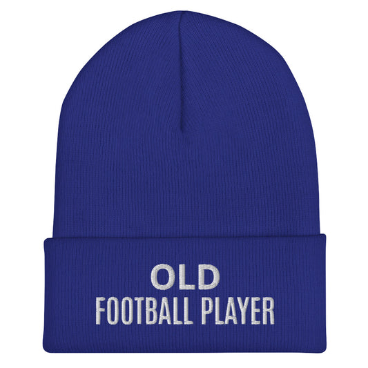 Old Football Player brand sports beanie for veteran and former players to share they played on the gridiron.