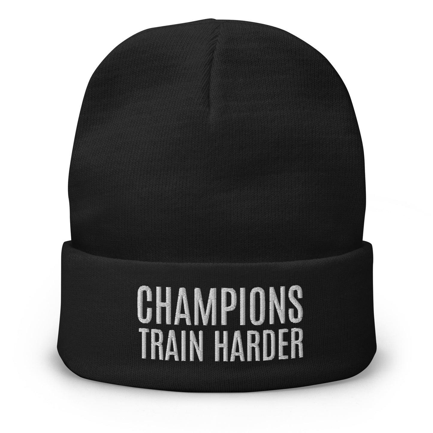 Champions train harder sports beanie for athletes, players, teams, coaches, schools, and sports programs.