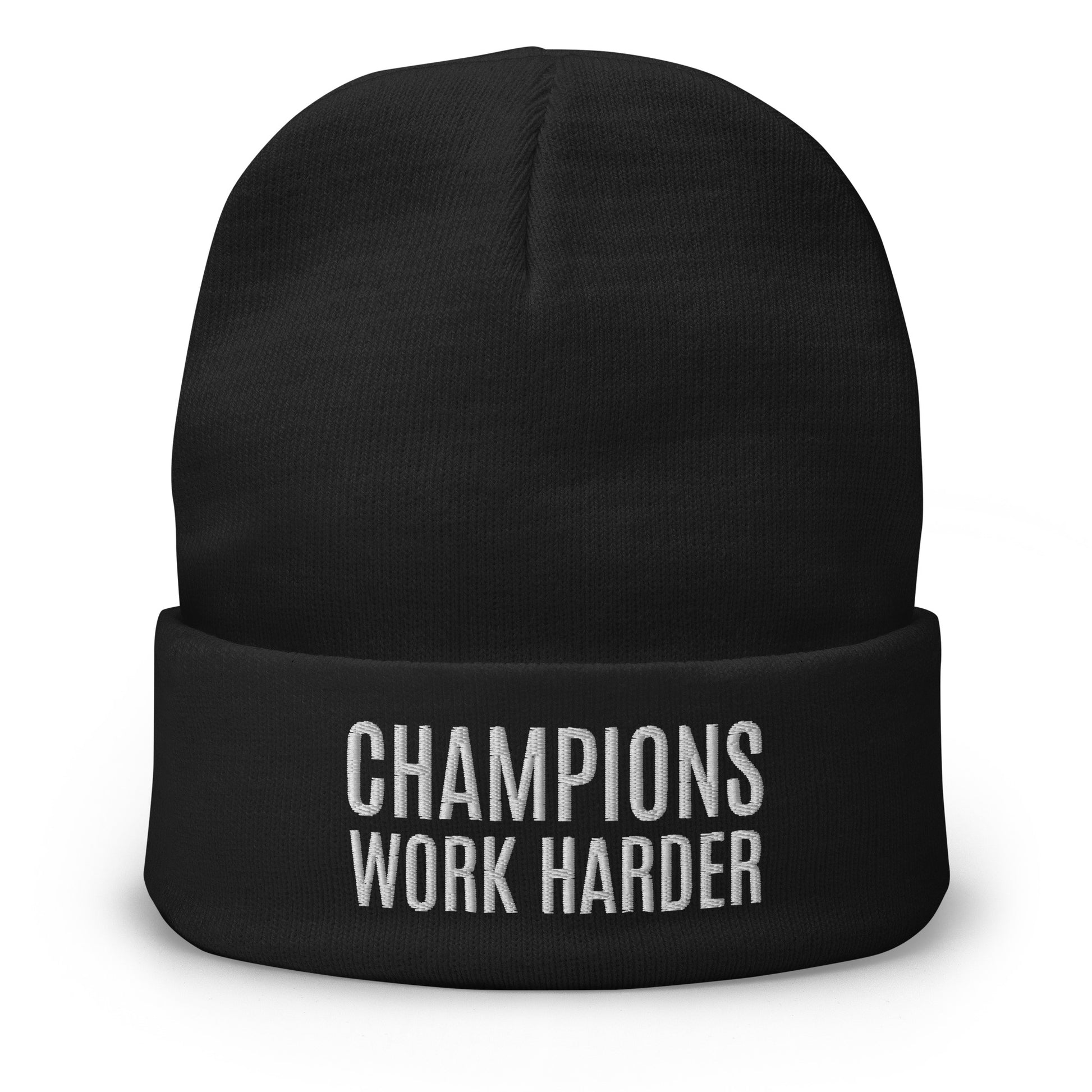 Champions Work Harder brand embroidered beanies for sports teams, athletes, and employees to encourage a better performance.