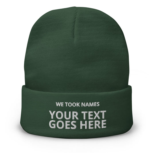 We Took Names custom embroidered athletic beanies for high school sports teams and businesses for athletes, coaches, and employees. 