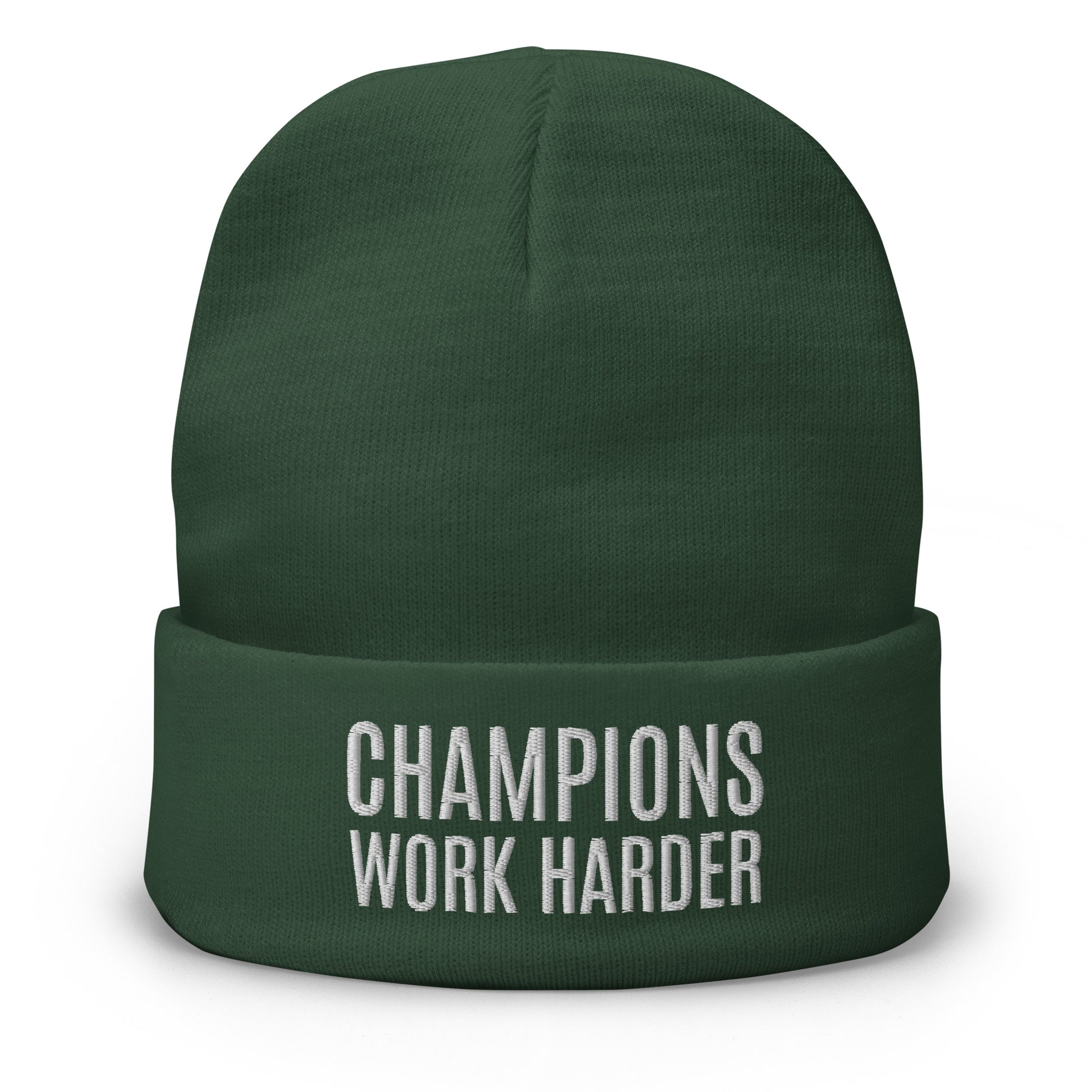 Champions Work Harder brand embroidered beanies for sports teams, athletes, and employees to encourage better performance.