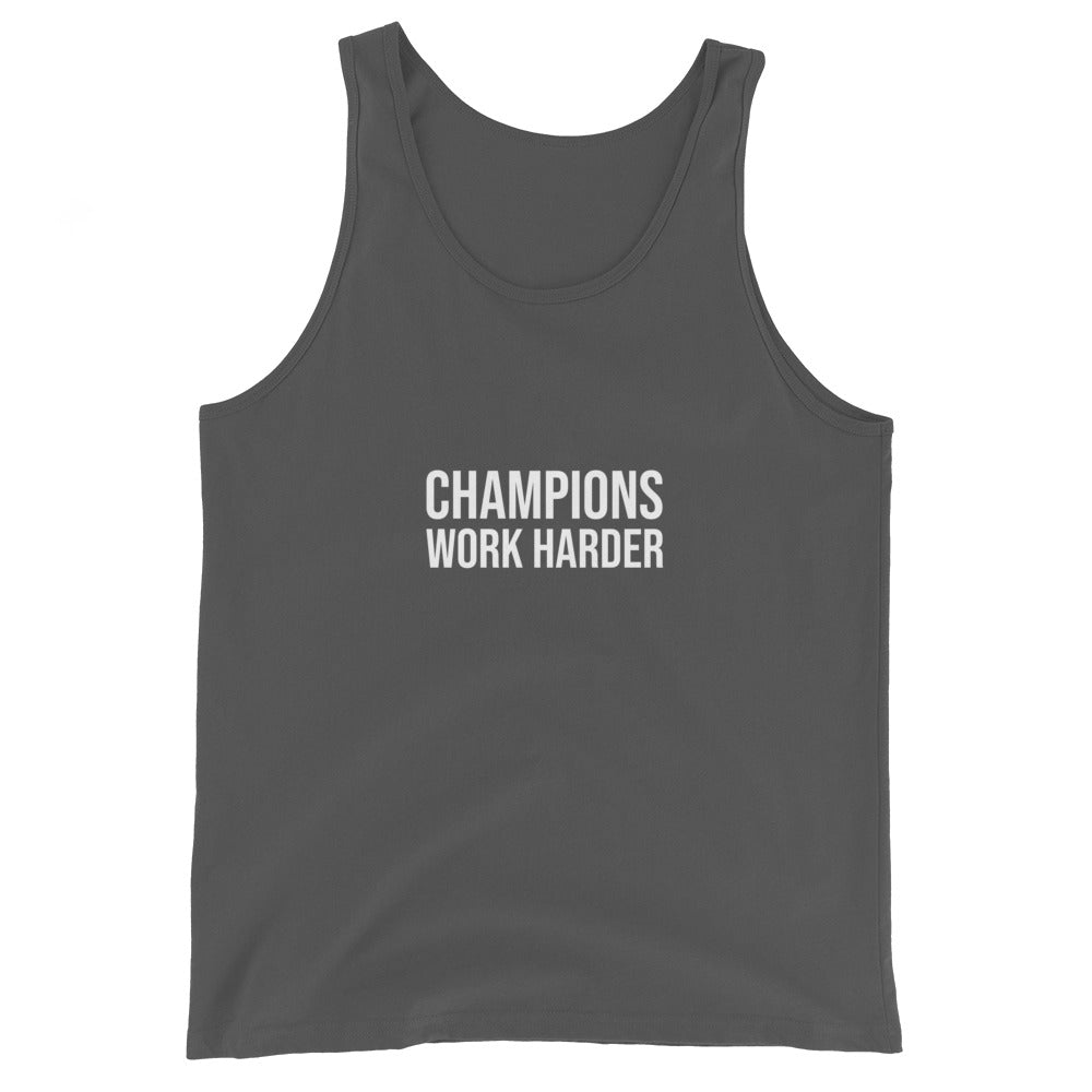 Champions Work Harder brand sports tank top for players, athletes, coaches, and employees to inspire better performances.