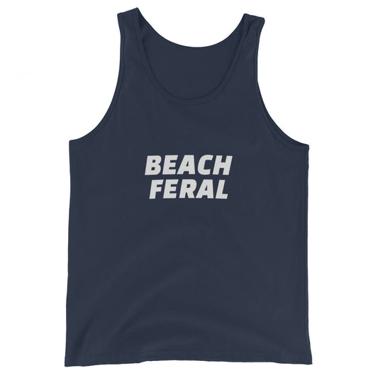 Beach Feral men's tank top for beachgoers, surfers, volleyball players, and males who love and go wild for the sand and ocean.