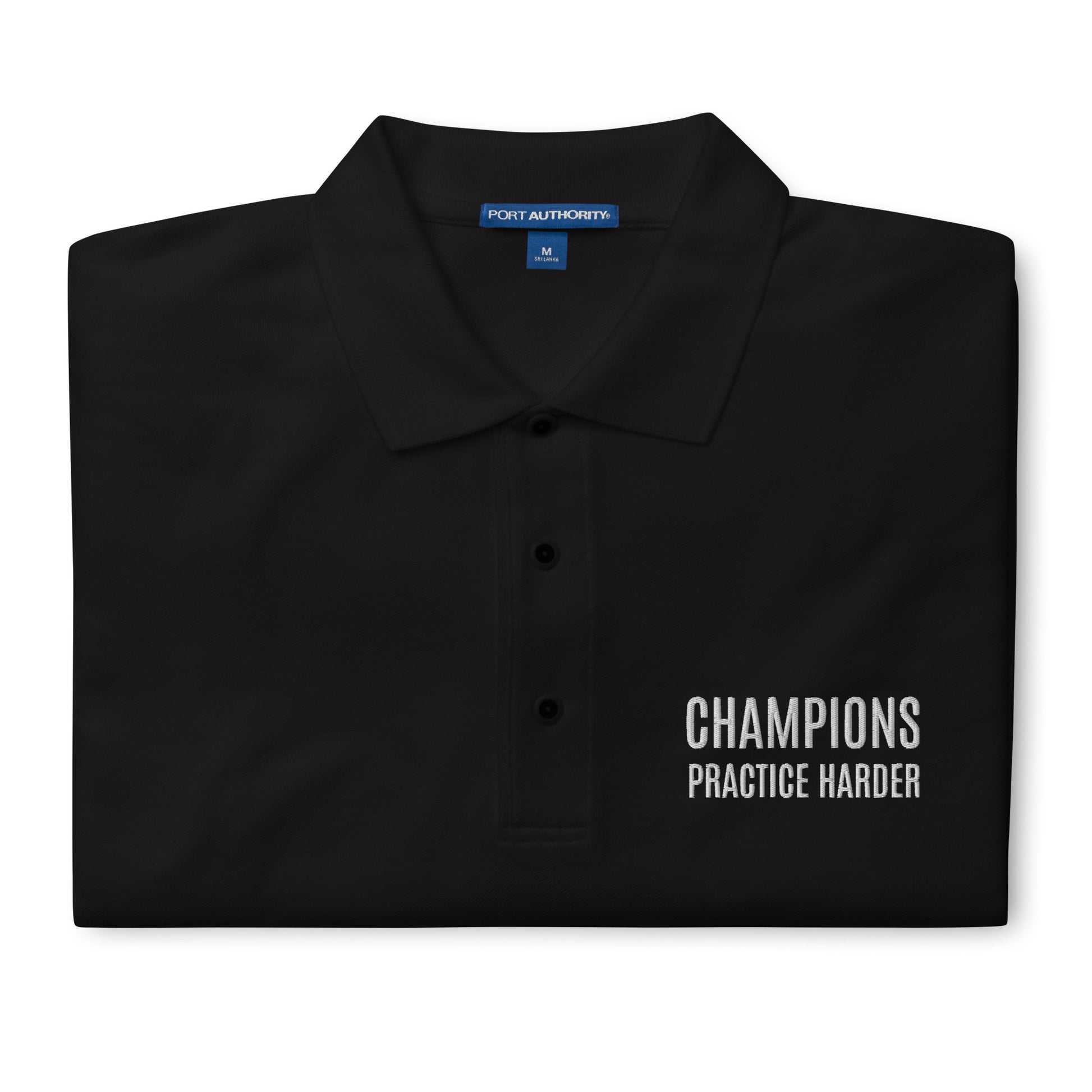 Champions practice harder mens sports polo shirt for players and coaches.